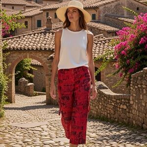 Vintage Chico's 100% Linen Size 2 Baggy Capri Pants Burnt Orange Town Art 32x23